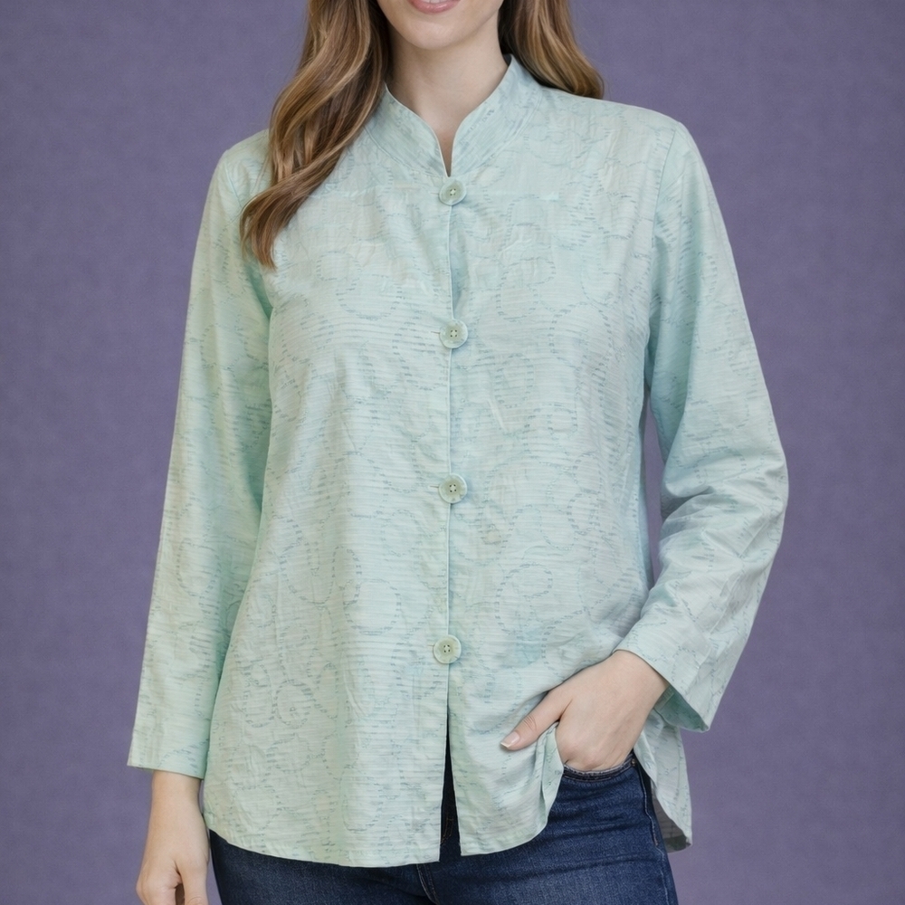 Vtg DRAPERS & DAMON'S Aqua Pastel Mandarin Collar Lightweight Shacket